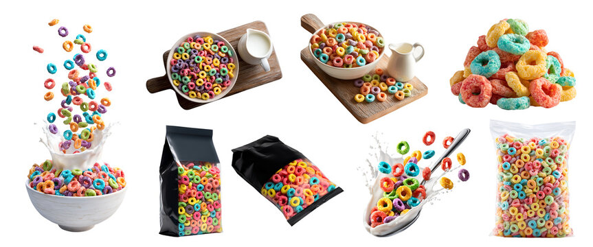 Set of flavored colorful fruit cereal loops rings breakfast snack, serving board with milk splash, bowl spoon, takeout standup plastic pouch bag, fly stack pile cluster, transparent cutout PNG mockup