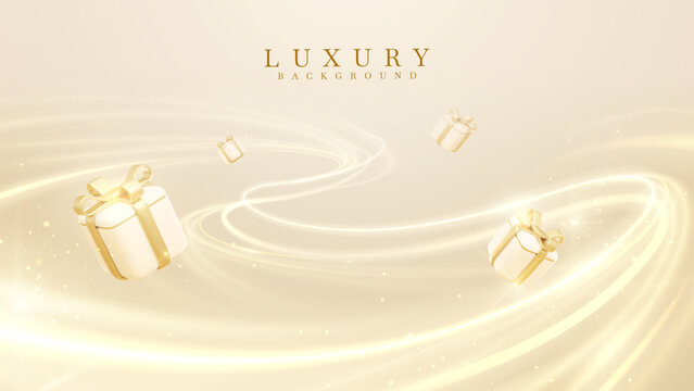 Luxury gold background with 3d gift box and glow neon curve. Vector illustration for exclusive surprise bonus shopping banner.