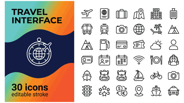 Collection of diverse travel interface icons depicting transportation accommodation navigation and leisure activities for booking websites or travel apps