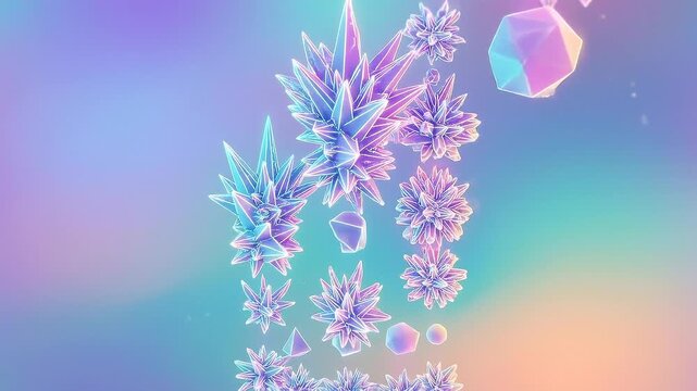Glowing geometric shapes rise upward in a mesmerizing 3d animation with a pastel rainbow background