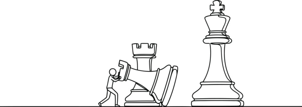 Stick figure pushing a chess rook piece toward a king
