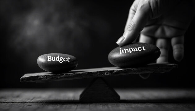 Balanced black and white photograph of a hand tilting a scale between budget and impact stones