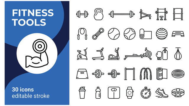 Collection of thirty line art icons representing various fitness tools and equipment for a healthy lifestyle gym or workout program