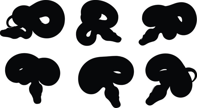 Python snake silhouettes set. Coiled and resting reptile poses in black. Isolated vector collection for wildlife design, nature themes, tattoo concepts, and educational illustrations.