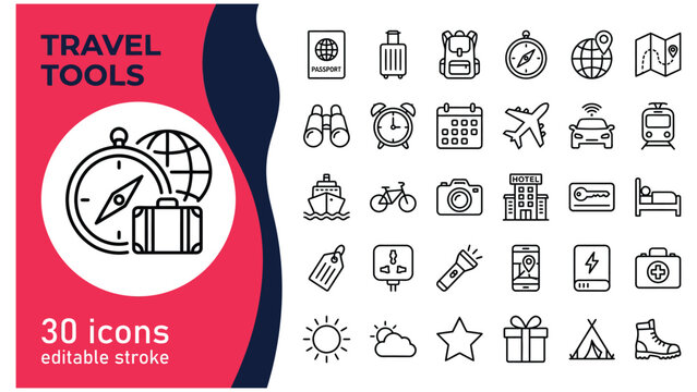 Collection of travel and vacation related icons for planning and embarking on an exciting journey featuring essentials for exploration and leisure activities worldwide
