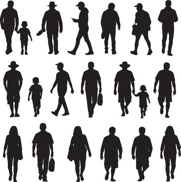 Crowd of diverse people silhouettes walking in city street park outdoors in various styles clothing men women children.