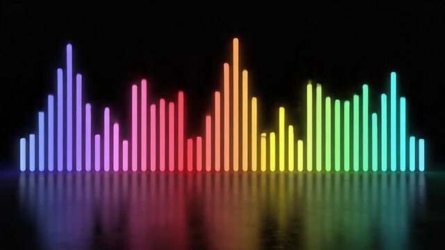 Vibrant digital sound equalizer bars reflecting on a dark surface, visualizing music audio spectrum and waveform. Ideal for entertainment, technology, data, and abstract background concepts.