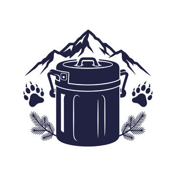 Bear proof trash can icon with mountain scenery and animal paw prints for camping and outdoor wilderness adventure design