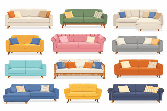 Collection of diverse sofa and couch illustrations in various styles and colors, featuring modern, mid-century, and classic furniture designs with decorative pillows and wooden legs on white.