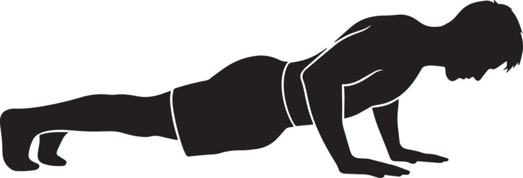 Silhouette of athletic man doing push up exercise in plank position demonstrating strength and fitness.