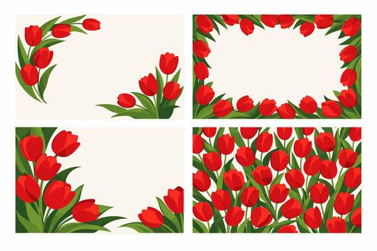 Luxury Set of Four Floral Cards with Vibrant Red Tulips; Vector Design for Banners, Advertising, Greeting Cards, Invitations, and Wall Decor. Elegant Spring Flower Backgrounds, Frames, and Patterns