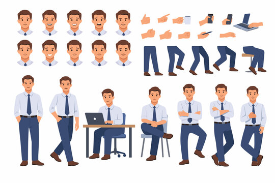 Male Office Employee Character Constructor Set for Animation with Various Body Poses, Facial Expressions, Hand Gestures, and Leg Movements. Professional Man Sitting, Standing, and Walking Kit.