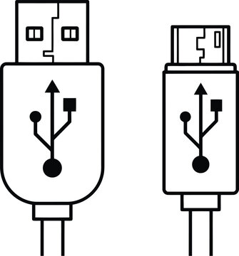 Usb and micro usb cable connector plugs line art icon