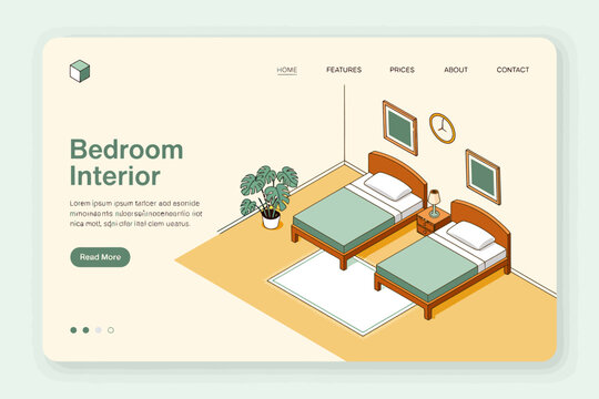 Isometric bedroom interior with two beds and furniture
