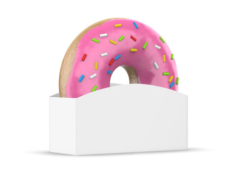 Donut holder mockup template with pink frosted donut and sprinkles for branding and presentation.