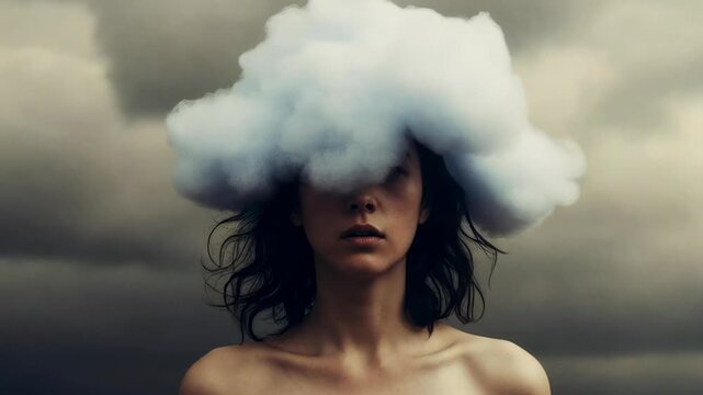 Static slow motion portrait of woman with cloud drifting over head against cloudy sky backdrop at dusk