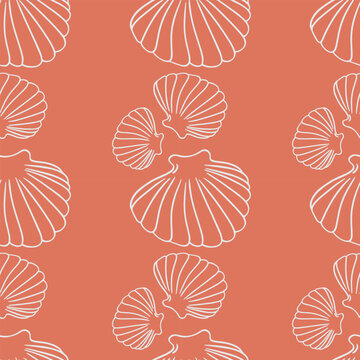 White scallop shells seamless pattern on orange background
