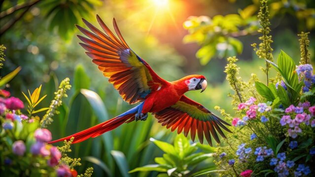A photo of a vibrant Scarlet Macaw gliding gracefully through lush tropical foliage, its iridescent plumage shimmering in the sunlight The birds str