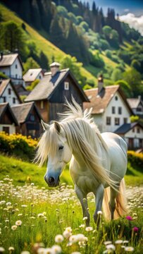 A photo of a free white horse grazing in a lush green meadow surrounded by traditional whitewashed cottages and blooming wildflowers The horses maj