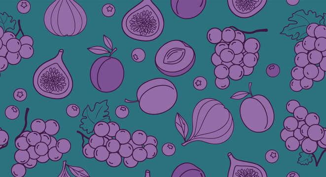 Assortment of purple fruits such as grapes, figs, and plums are illustrated in a seamless pattern on a contrasting dark teal background.