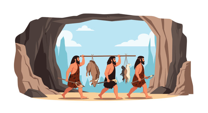 Three cavemen are returning from a successful hunt carrying animals on a pole as they walk past a cave opening into a bright landscape.