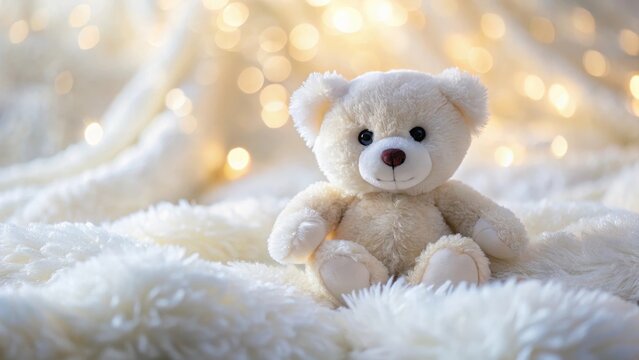 A photo of pristine white cuddle teddy bear fabric as background, soft texture, clean and polished surface, uniform color, no marks or imperfections