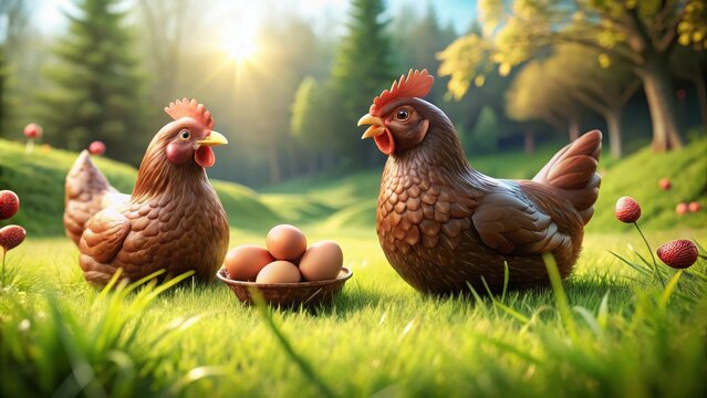 A photo of three chocolate chickens with chocolate eggs on green grass