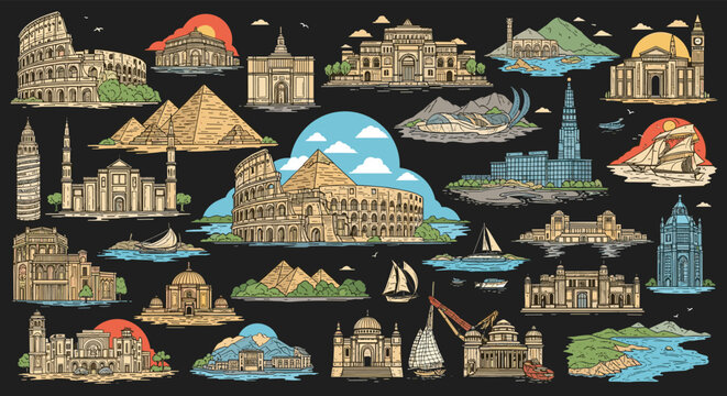 Vast collection of famous world landmarks and historic architectural monuments from many countries on black background.