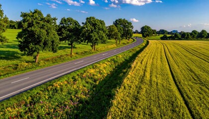 Naklejka premium Scenic Country Road Winds Through Lush Green Fields Under a Blue Sky.