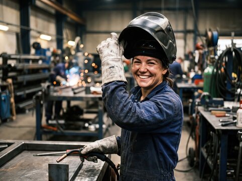 Portrait of young adult Black woman smiling and lifting welding helmet in workshop, wearing protective gloves and work uniform, standing in industrial