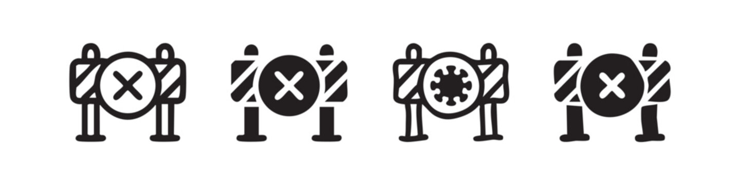 Quarantine roadblock icons with virus symbol for restricted area and lockdown