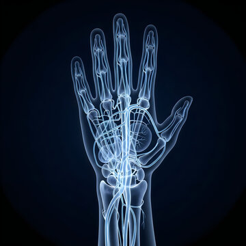 Human hand skeleton, x-ray, medical anatomy, bone structure, blue