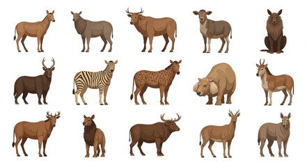 Collection of African Wildlife Animals Standing Isolated on White Background. © Mutmainah