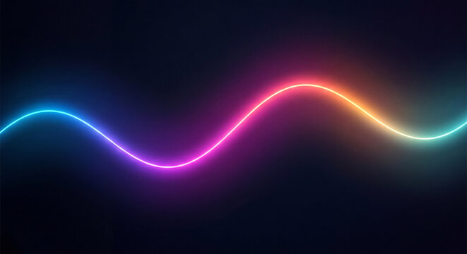Continuous neon glowing line across dark background with multi color gradient.