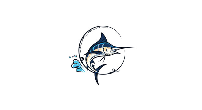 Dynamic fishing logo shows a powerful marlin fish jumping out of the water through a circular fishing line loop with ocean splashes.