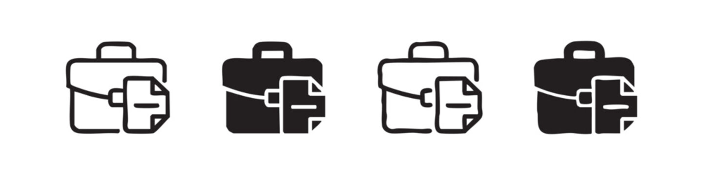 Portfolio briefcase with document and minus icon set, business case and file symbols in line, solid, and doodle styles