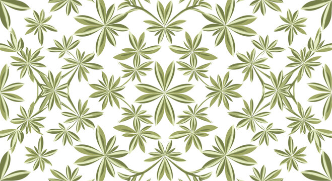 Symmetrical seamless botanical pattern with green star shaped leaves arranged in an elegant nature motif design.