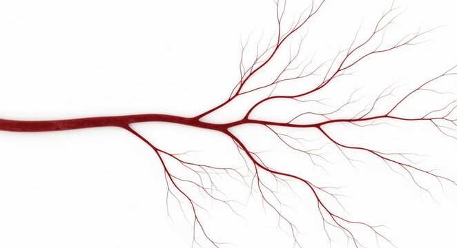 Close-up of a branching blood vessel system on white background.