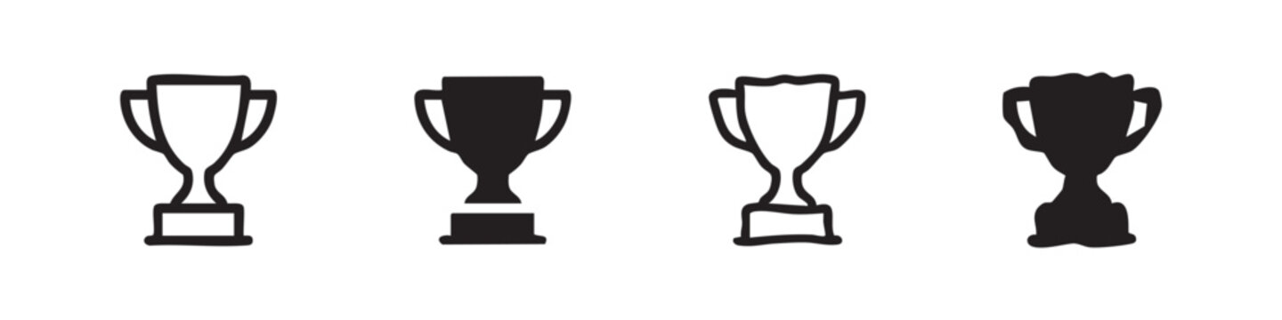 Trophy cup award icon set, champion victory symbols in outline, solid, and hand-drawn doodle styles for achievement
