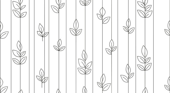 Minimalist botanical pattern features simple black line drawings of leaf branches arranged in neat vertical columns on a white backdrop.