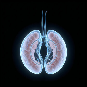 Anatomical kidney illustration, human organ, glowing blue, medical visualization, nephrology