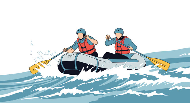 Pair of brave athletes paddles their inflatable raft through challenging white water rapids during an exciting river rafting adventure.