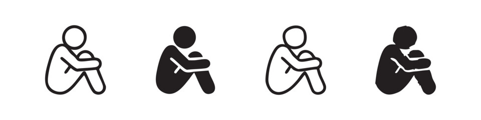Plakat Set of depressed person sitting alone icons. Sad man hugging knees in flat and hand drawn style.