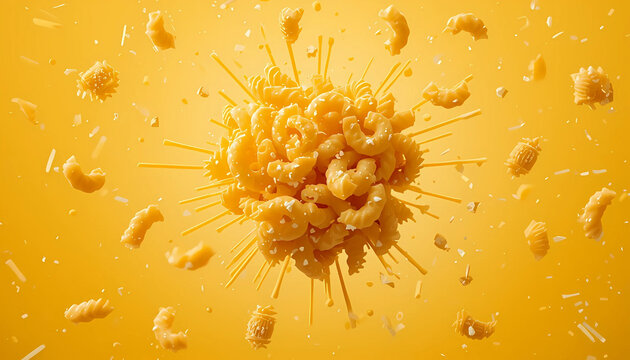 A vibrant explosion of pasta and cheese on a yellow background