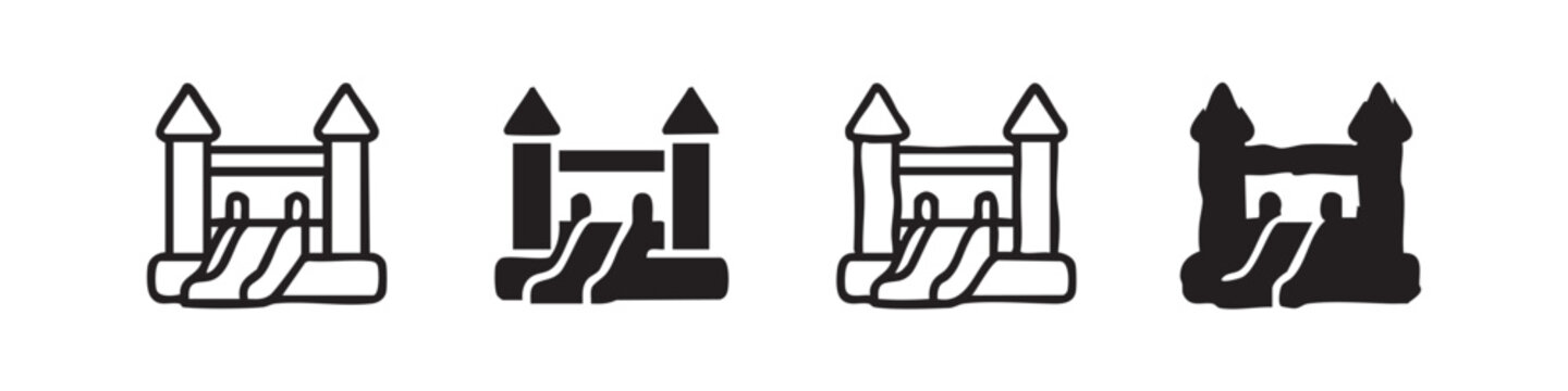 Set of bouncy castle icons. Inflatable playground for kids in flat and hand drawn style.