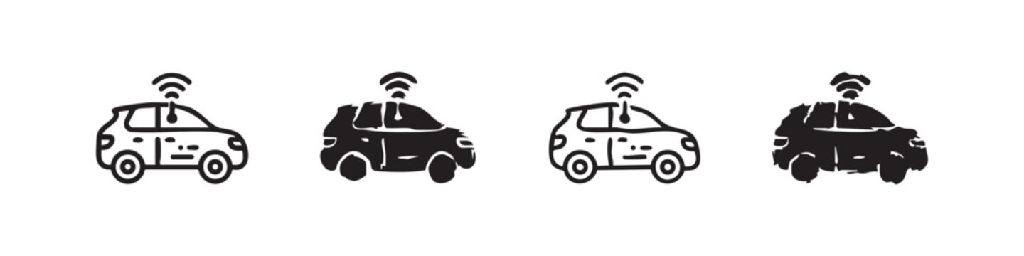 Set of connected car icons. Smart vehicle with wifi signal symbol in flat and hand drawn style.