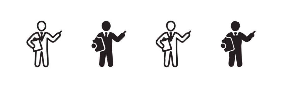 Businessman with Clipboard Icons Set, Professional Presentation and Audit Symbols