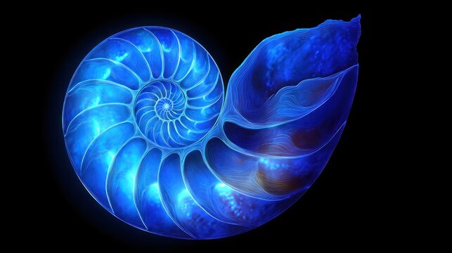 Blue nautilus shell section, glowing, swirled, detailed on a black background