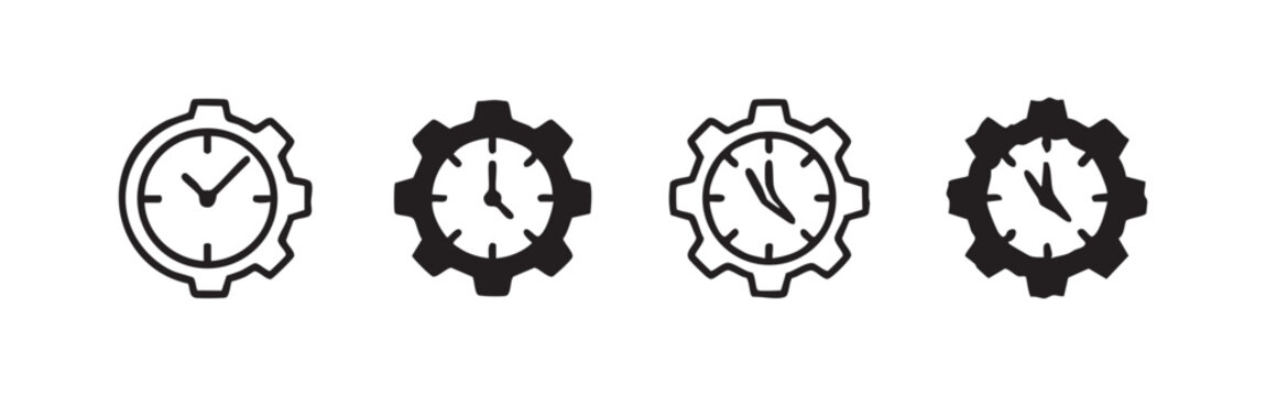 Time Management and Process Timing Icons showing Clock inside Industrial Gear
