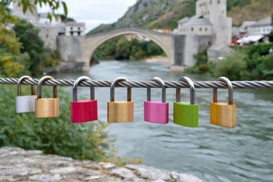 Love padlocks on cable with Stari Most bridge